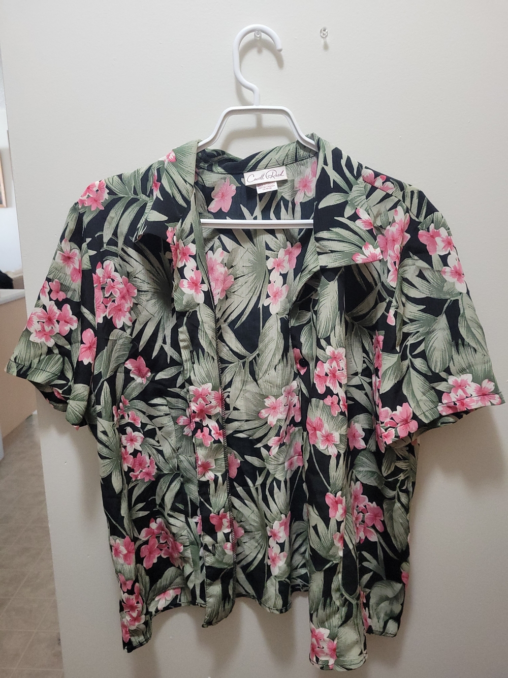 Black Floral Short-Sleeve Button Front Top - Pink/Green - Hawaiian Shirt